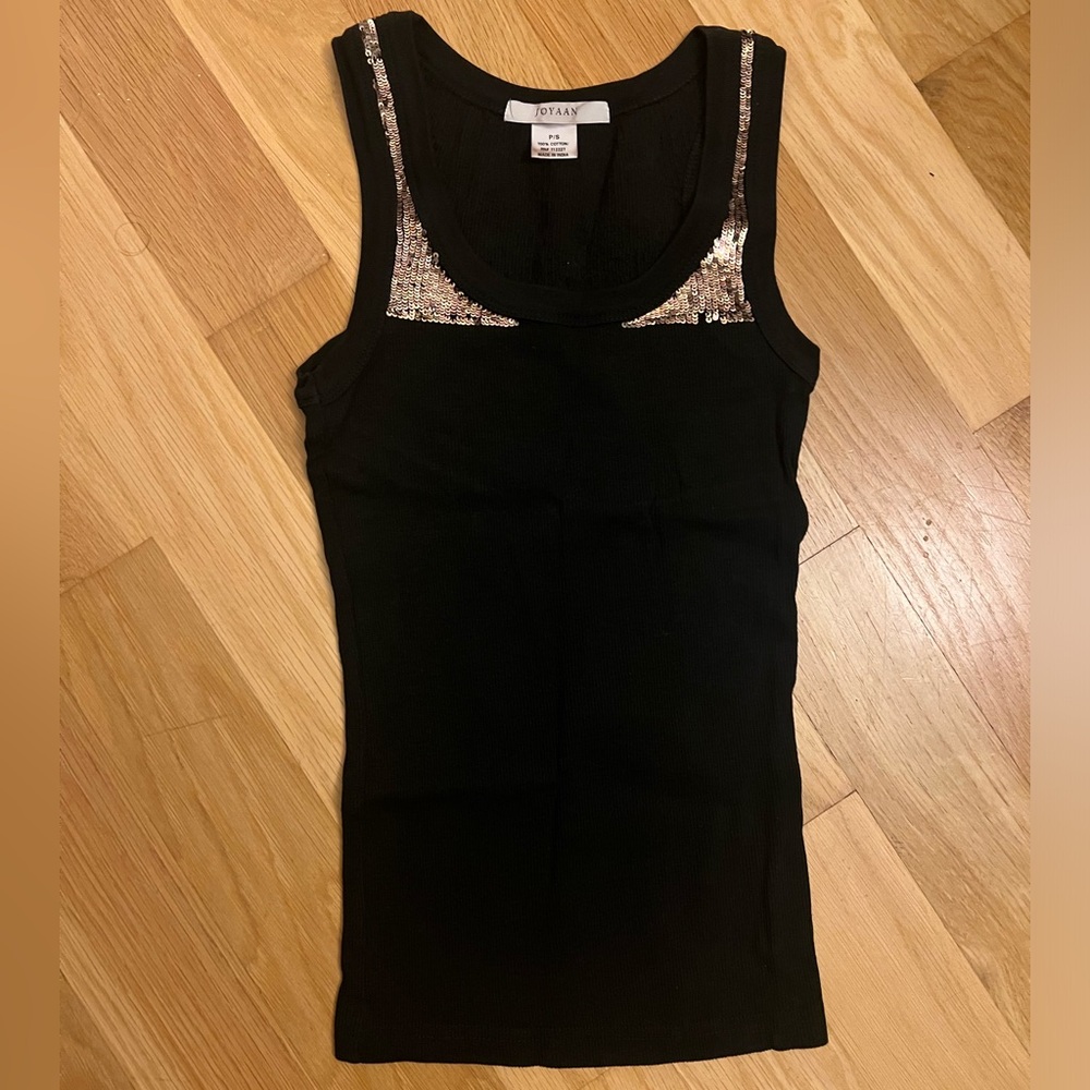 New Petite Small Black and Gold Glam Tank Top